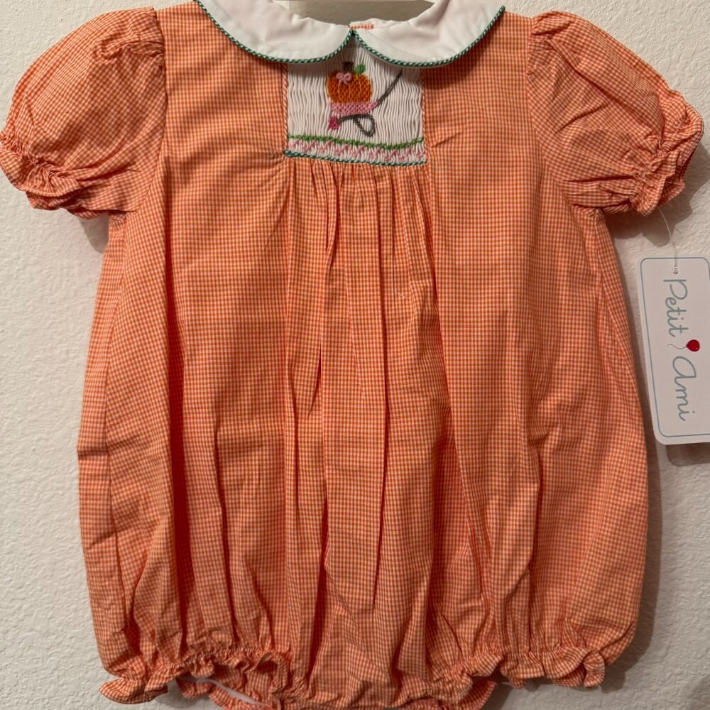 Petit Ami Orange Check Wheelbarrow Pumpkin Smocked Girls Bubble 3 Months